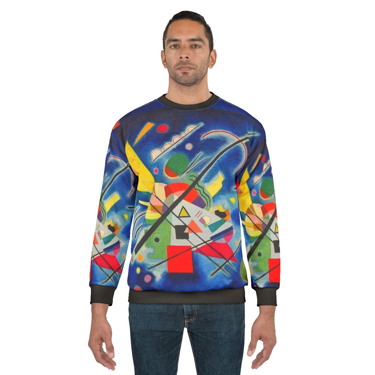 Kandinsky-inspired blue abstract art design on a sweatshirt