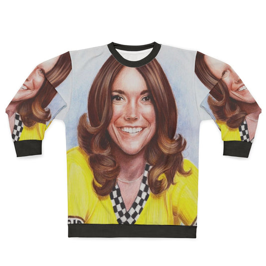 Karen Carpenter, the Carpenters musician, wearing a retro yellow sweatshirt