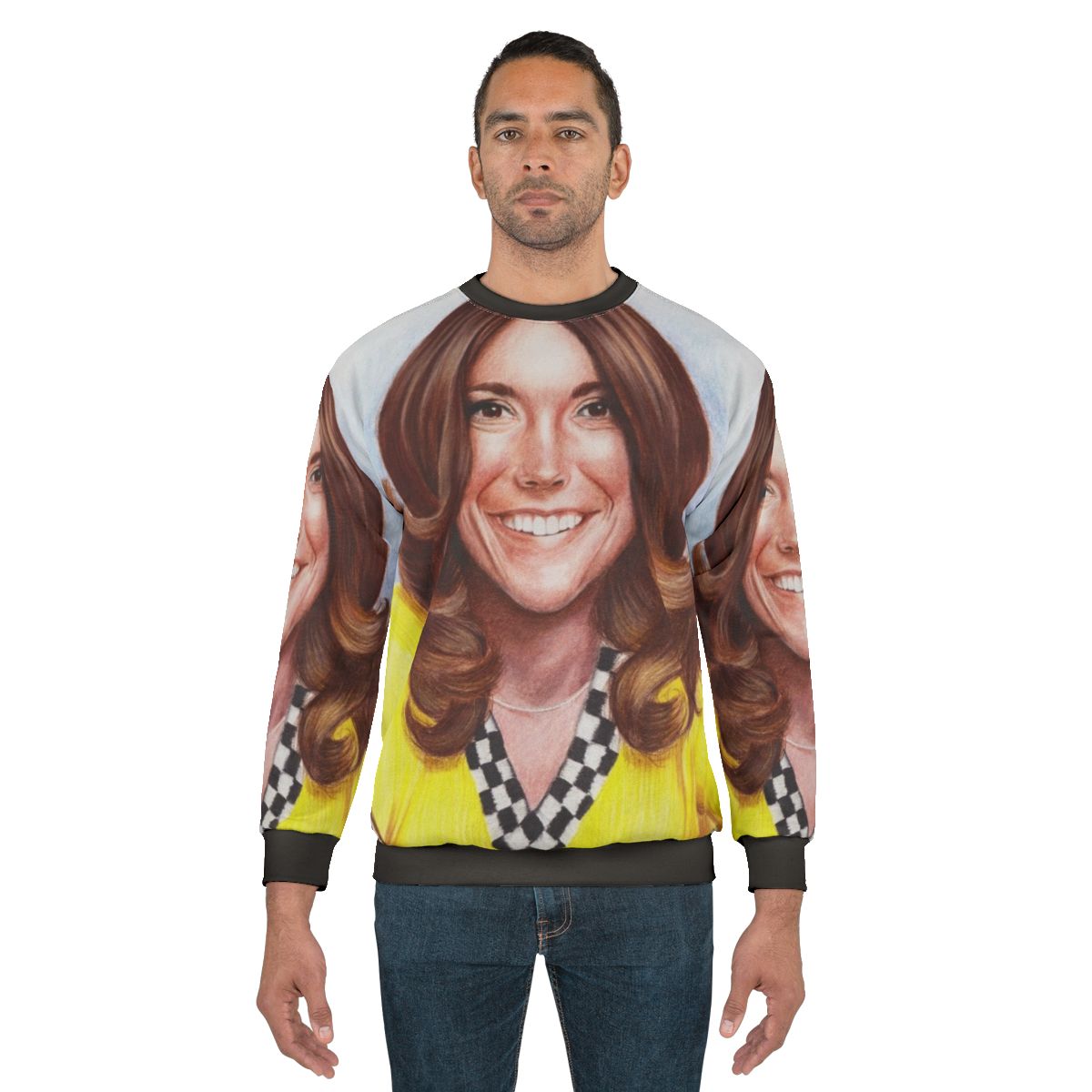 Karen Carpenter, the Carpenters musician, wearing a retro yellow sweatshirt
