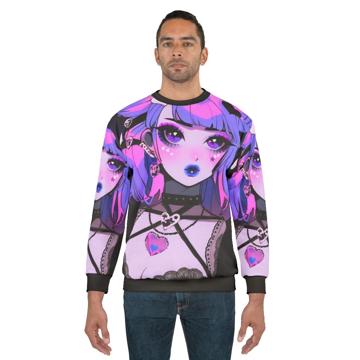Kawaii anime girl wearing a pastel goth sweatshirt