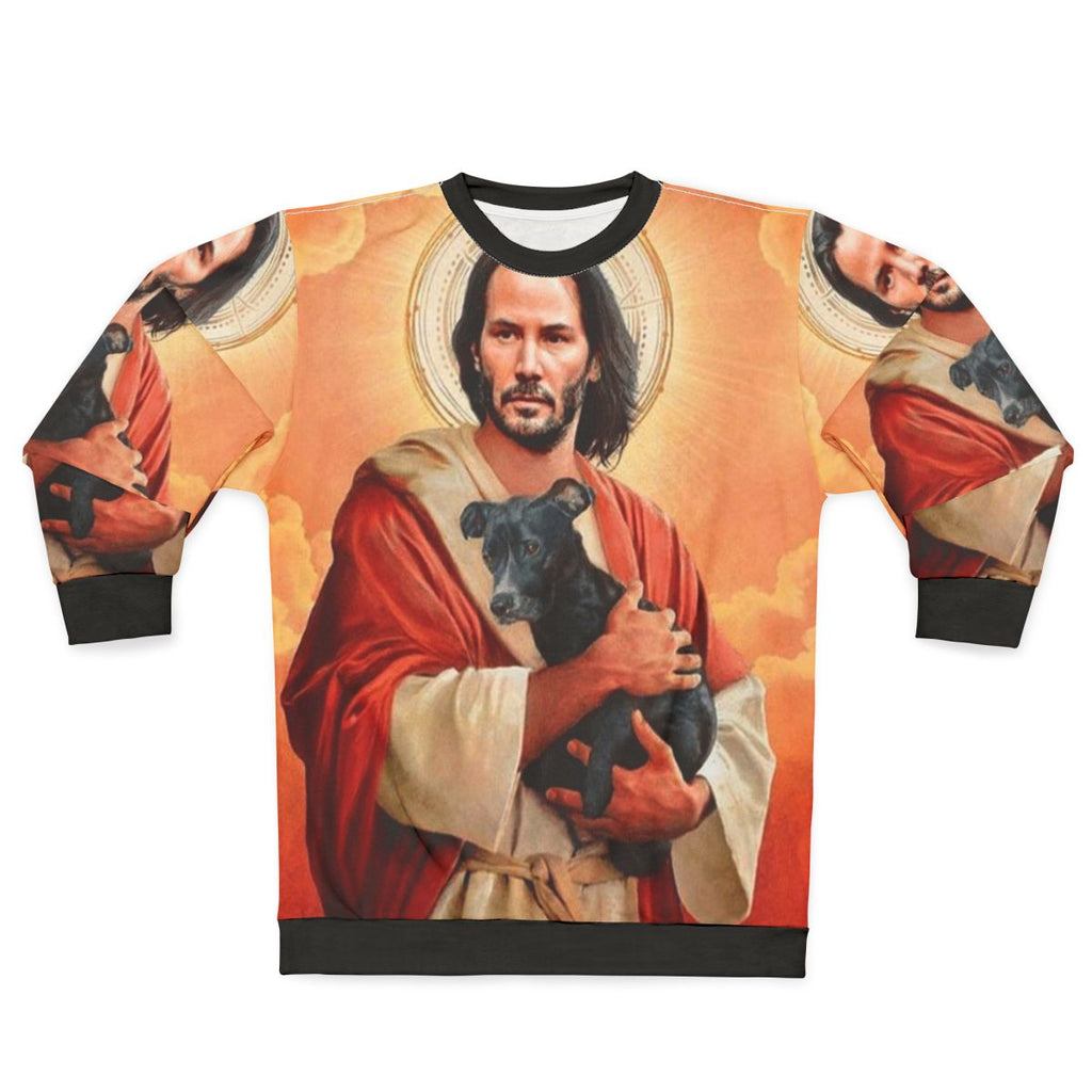 Keanu Reeves as Jesus Christ with a dog on a funny sweatshirt