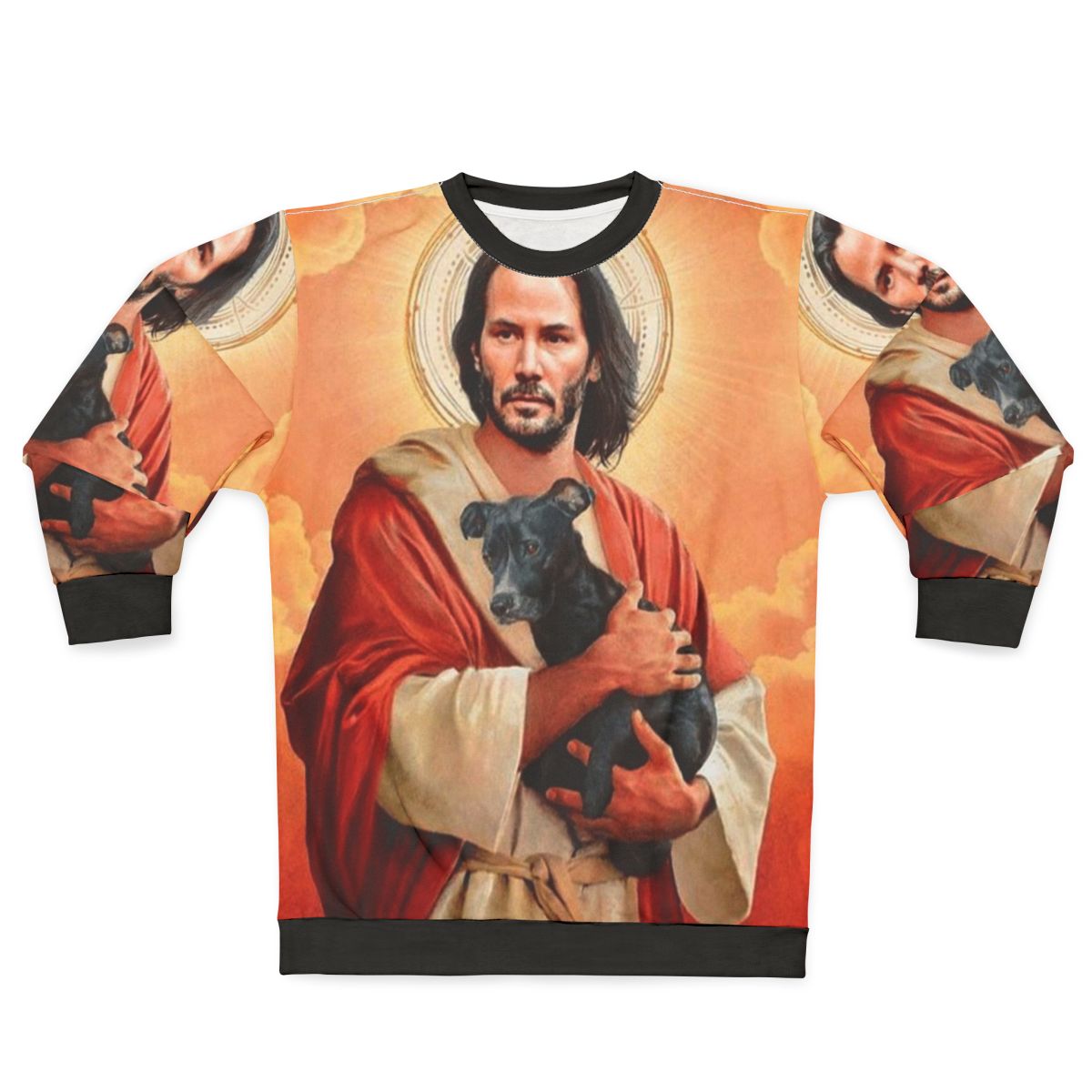 Keanu Reeves as Jesus Christ with a dog on a funny sweatshirt