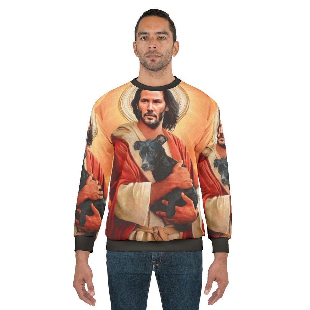 Keanu Reeves as Jesus Christ with a dog on a funny sweatshirt