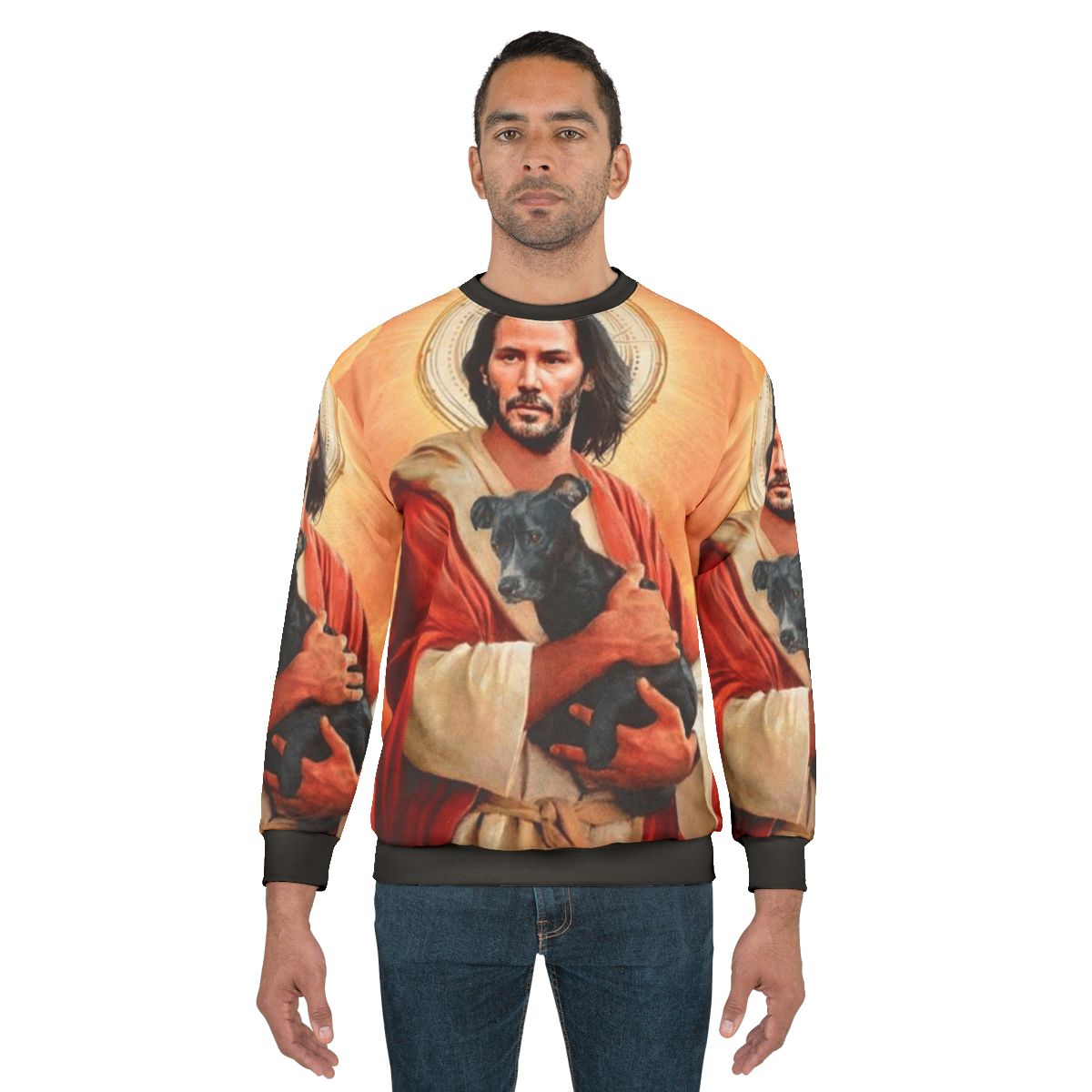 Keanu Reeves as Jesus Christ with a dog on a funny sweatshirt