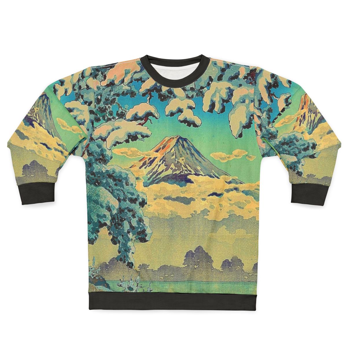 Cozy winter sweatshirt featuring a nature landscape inspired by Japanese art