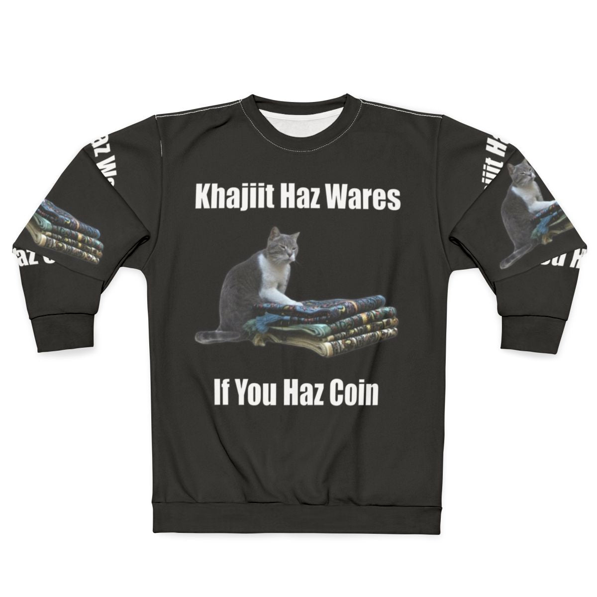 Khajiit meme sweatshirt with gaming and Elder Scrolls inspired design
