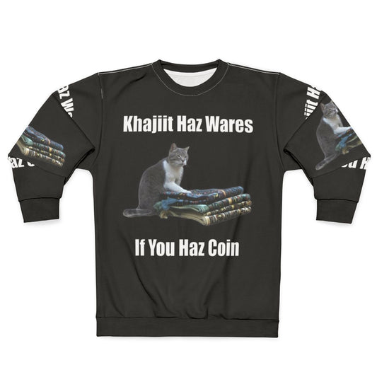 Khajiit meme sweatshirt with gaming and Elder Scrolls inspired design
