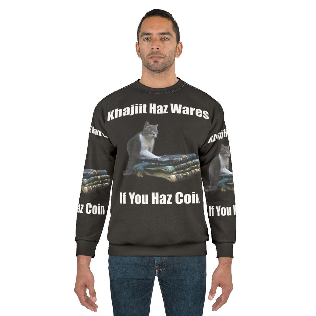Khajiit meme sweatshirt with gaming and Elder Scrolls inspired design