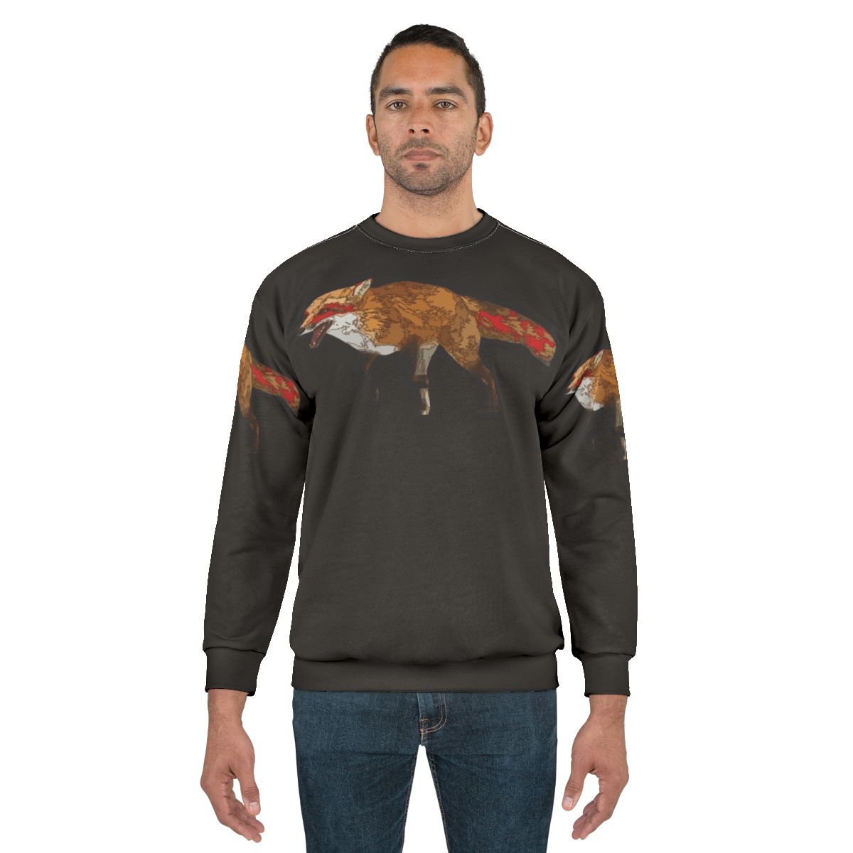 Kitsune spirit fox sweatshirt featuring a laughing red fox