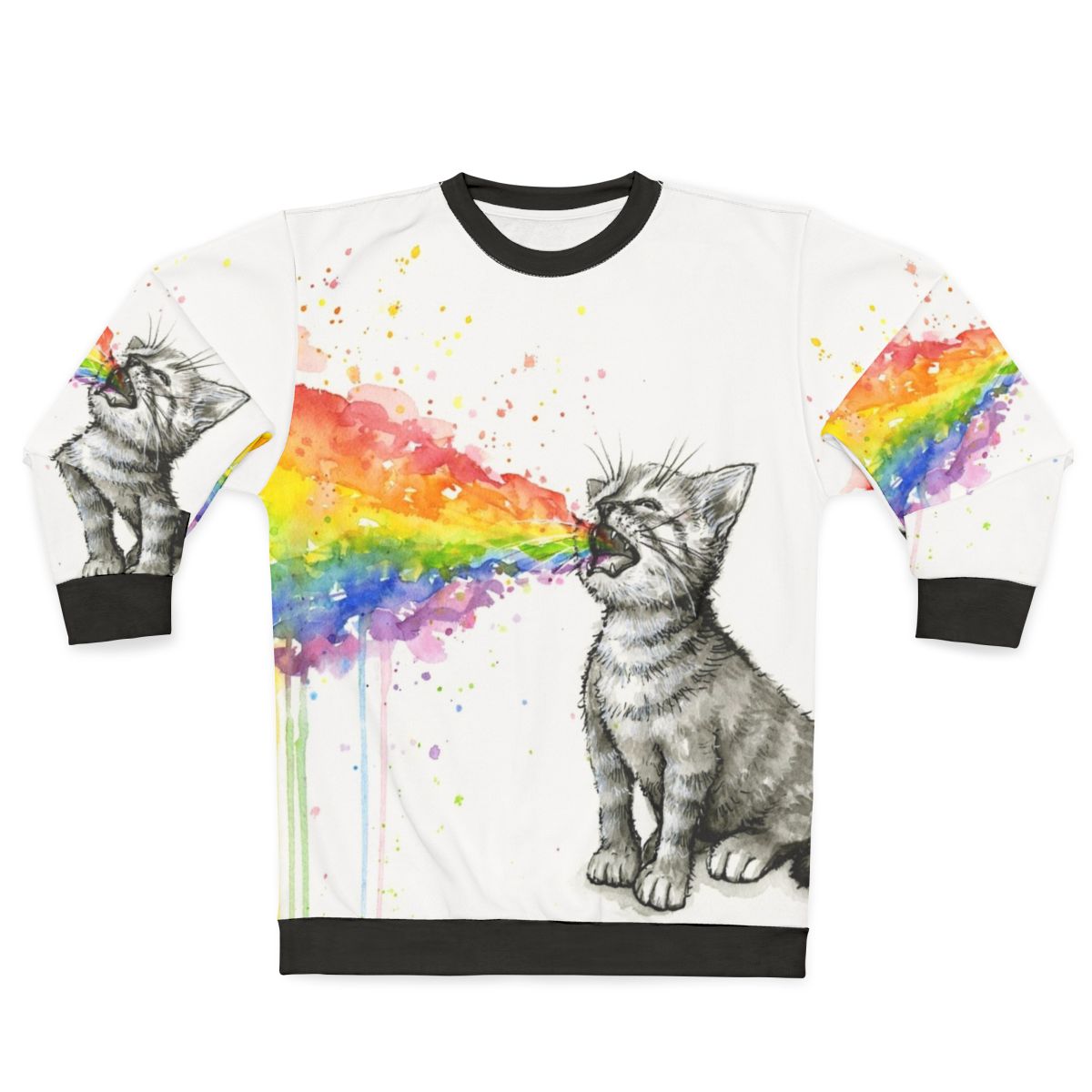 Vibrant kitten puking rainbow sweatshirt, colorful cat clothing