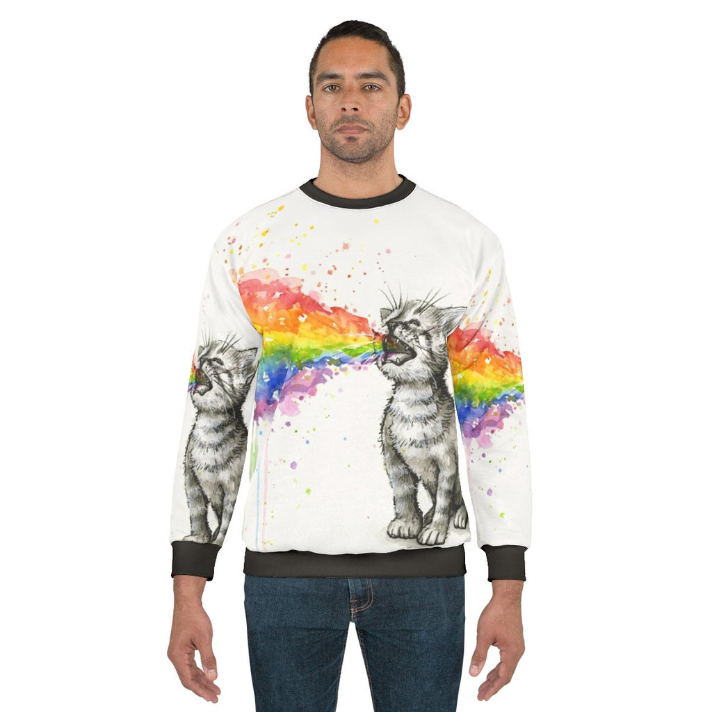 Vibrant kitten puking rainbow sweatshirt, colorful cat clothing