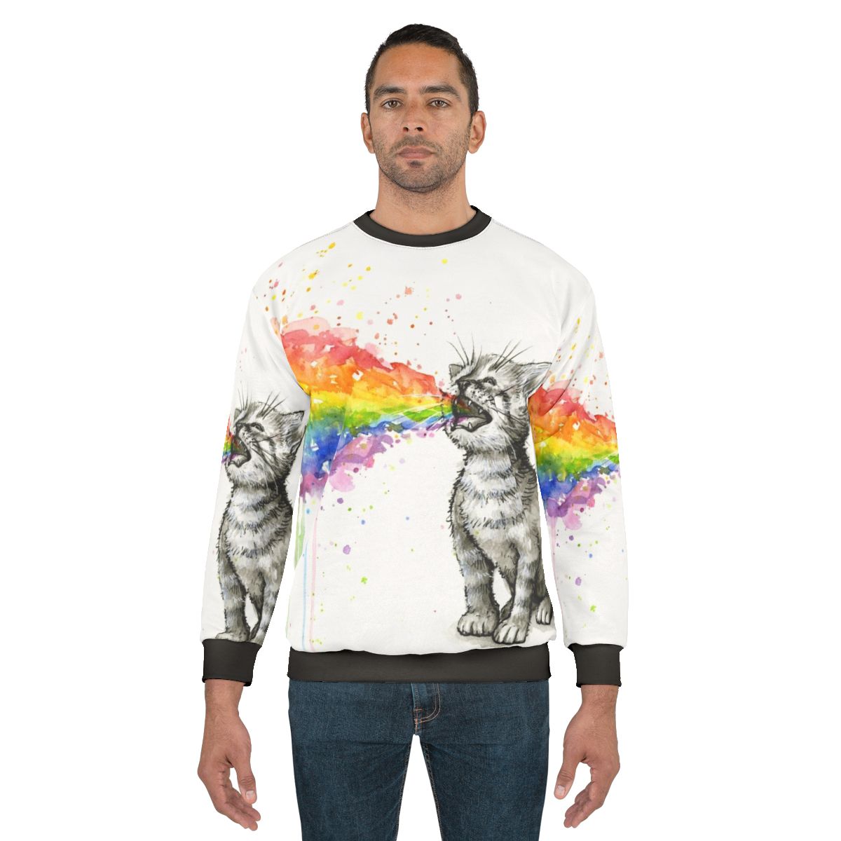 Vibrant kitten puking rainbow sweatshirt, colorful cat clothing