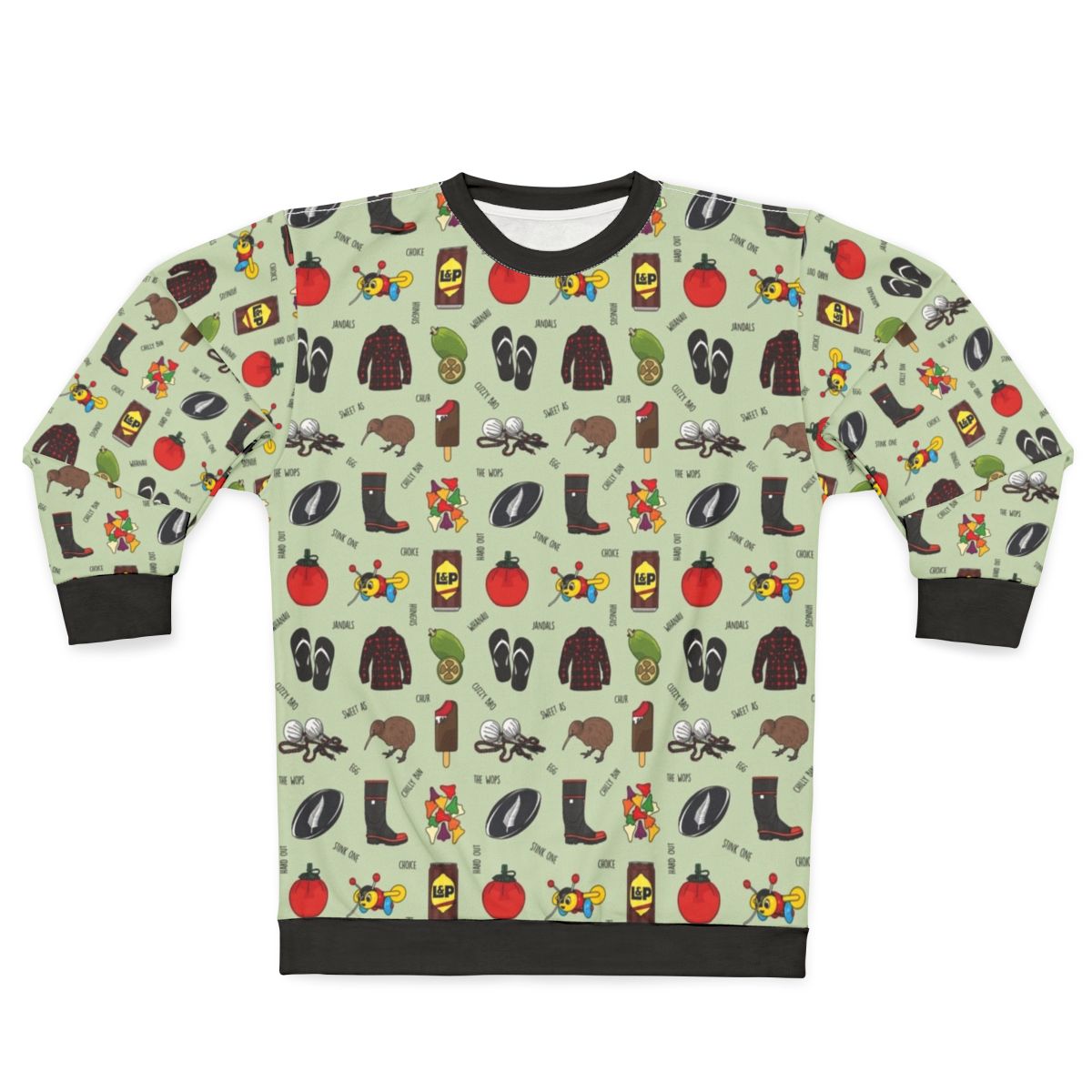 Kiwiana black text sweatshirt featuring New Zealand and rugby design