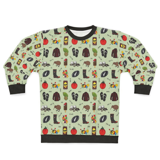 Kiwiana black text sweatshirt featuring New Zealand and rugby design