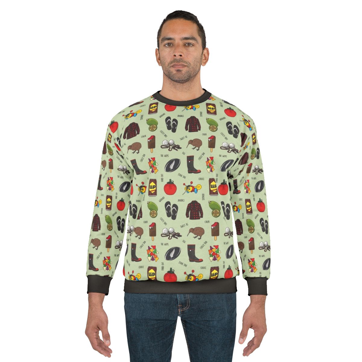 Kiwiana black text sweatshirt featuring New Zealand and rugby design