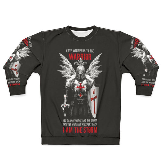 Crusader Knights Templar sweatshirt with medieval armor, sword, and shield