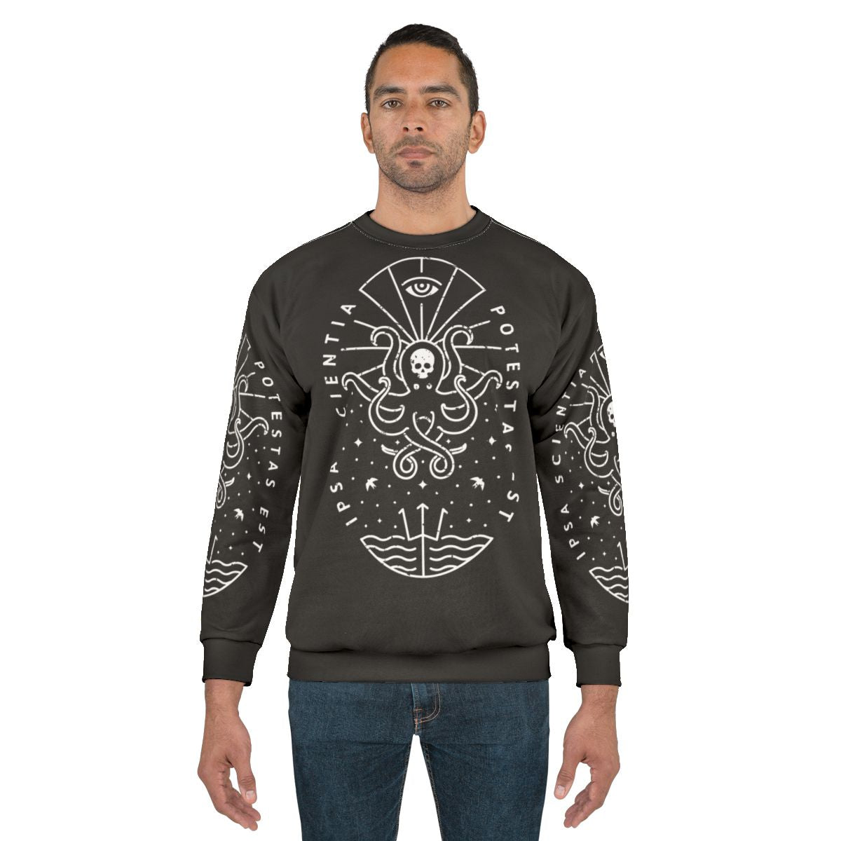 Knowledge White Skull Sweatshirt with Octopus Tattoo and Cthulhu Design