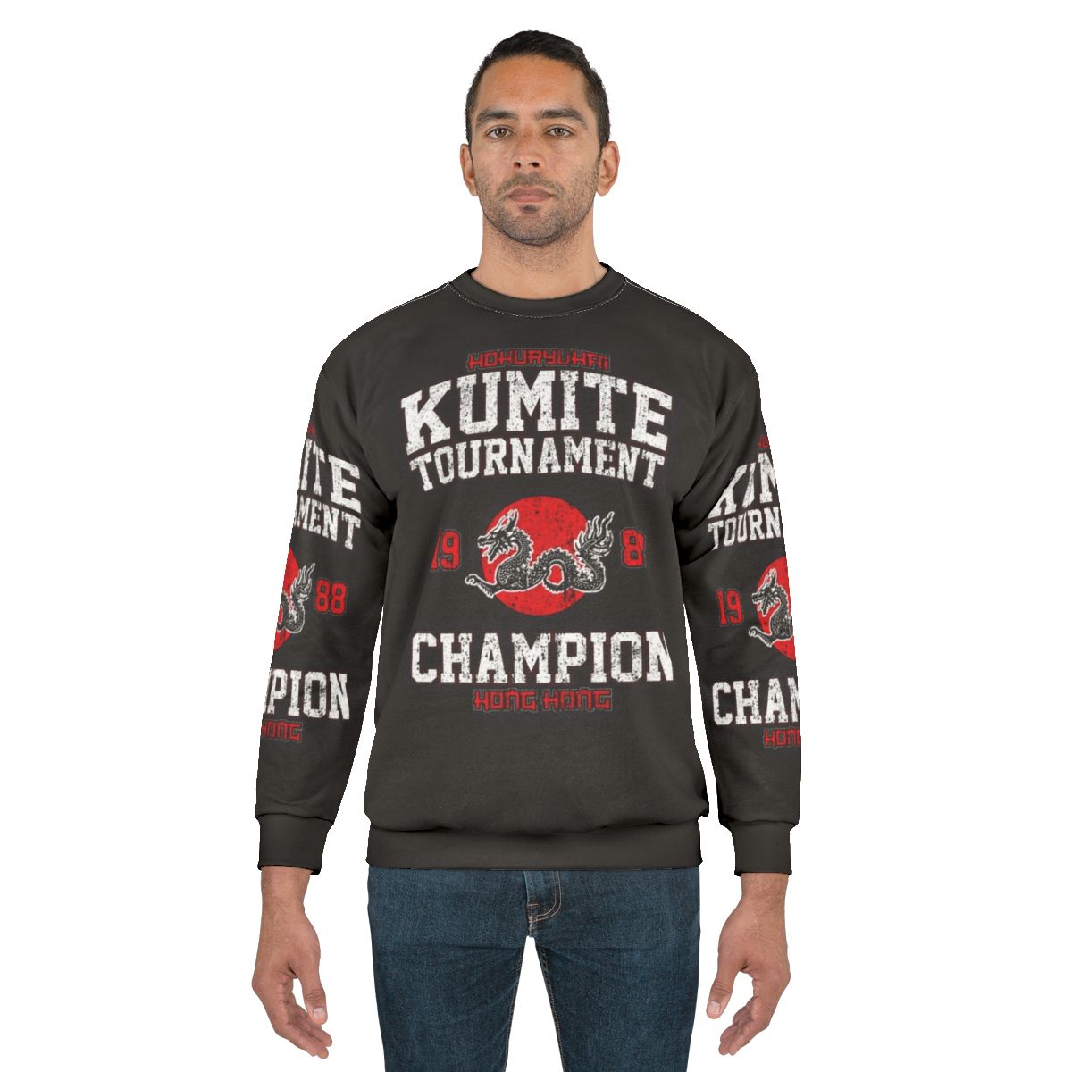 Kumite Tournament 1988 Champion Sweatshirt featuring Jean Claude Van Damme from the Bloodsport martial arts movie