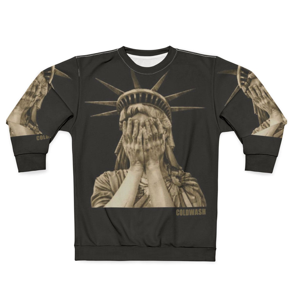 Woman wearing a Lady Liberty graphic sweatshirt