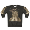 Woman wearing a Lady Liberty graphic sweatshirt