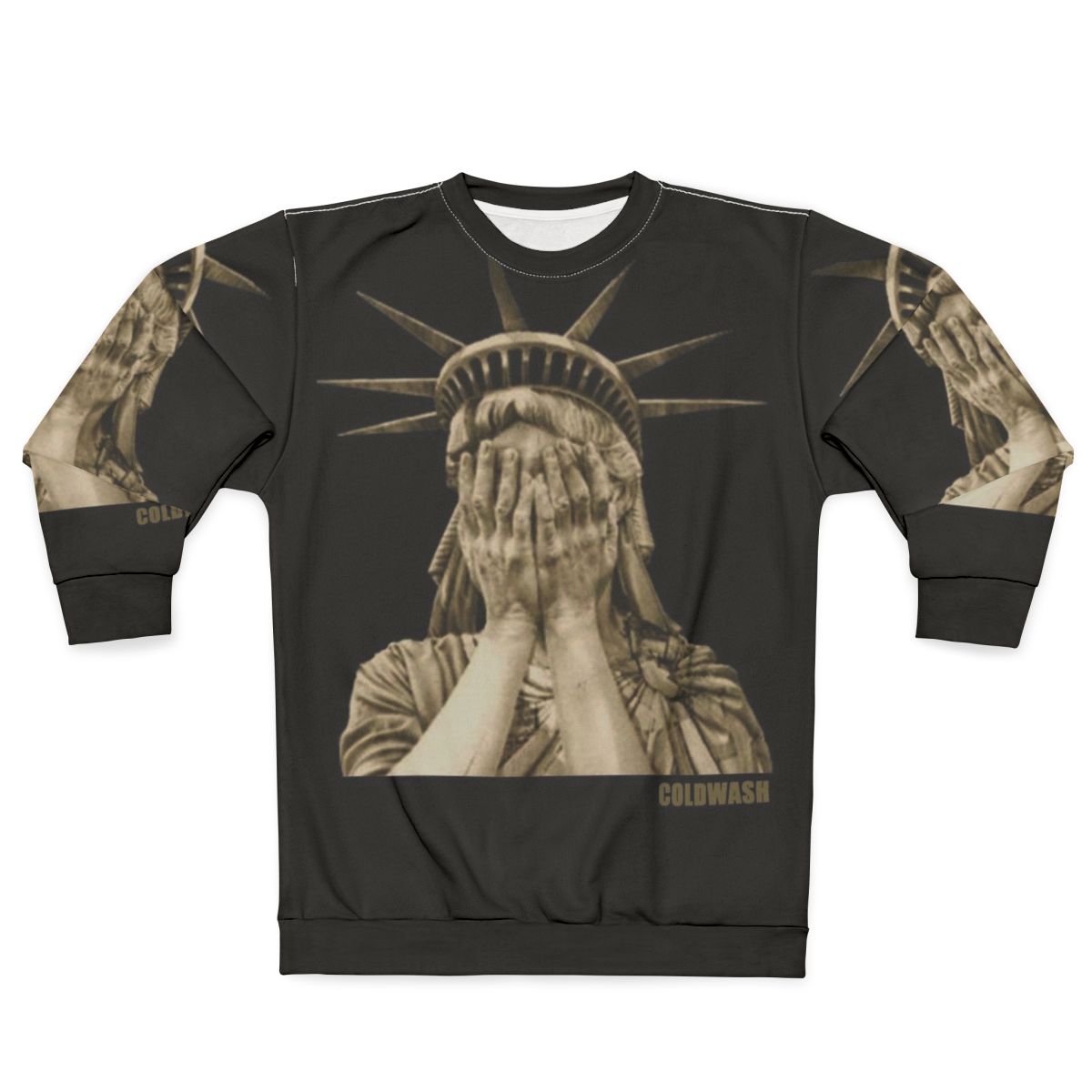 Woman wearing a Lady Liberty graphic sweatshirt