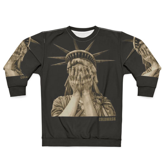 Woman wearing a Lady Liberty graphic sweatshirt