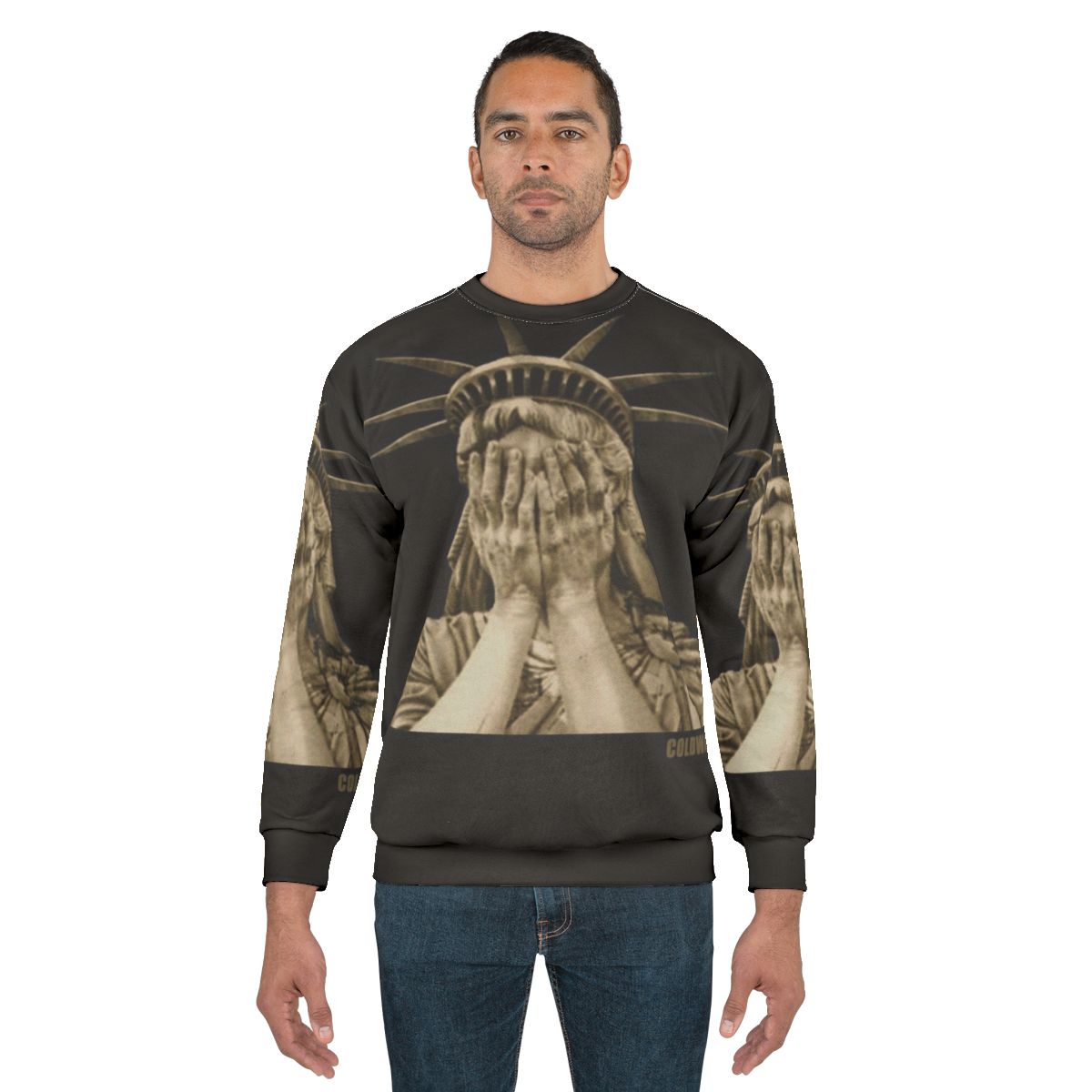 Woman wearing a Lady Liberty graphic sweatshirt