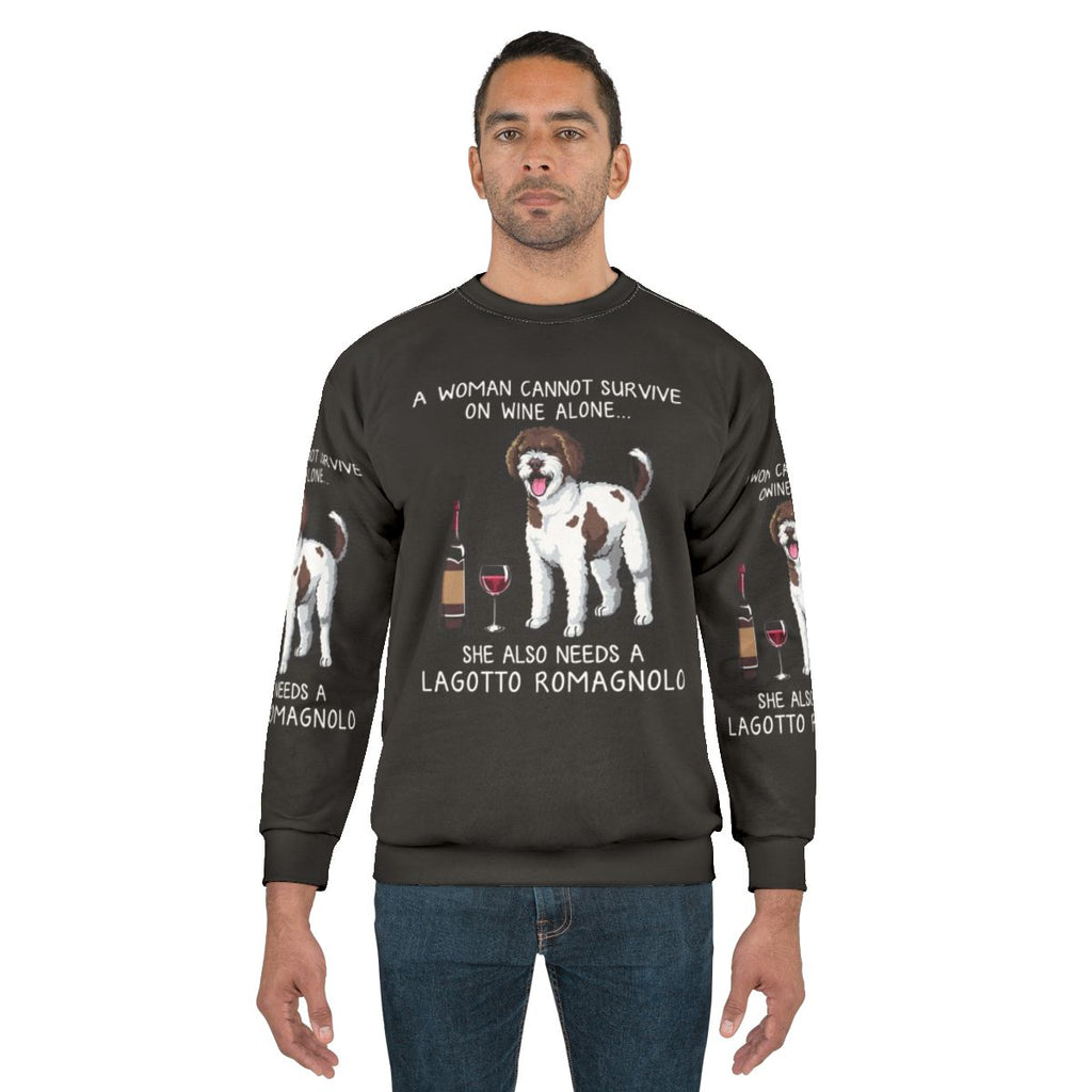 Lagotto Romagnolo dog wearing a funny dog and wine sweatshirt
