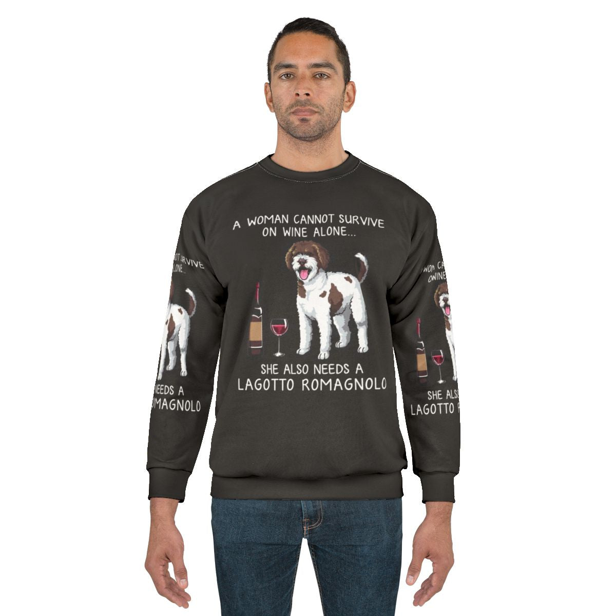 Lagotto Romagnolo dog wearing a funny dog and wine sweatshirt