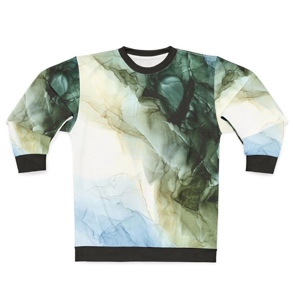 Vibrant abstract landscape painting design on a cozy sweatshirt