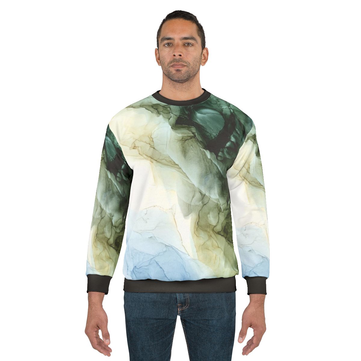 Vibrant abstract landscape painting design on a cozy sweatshirt