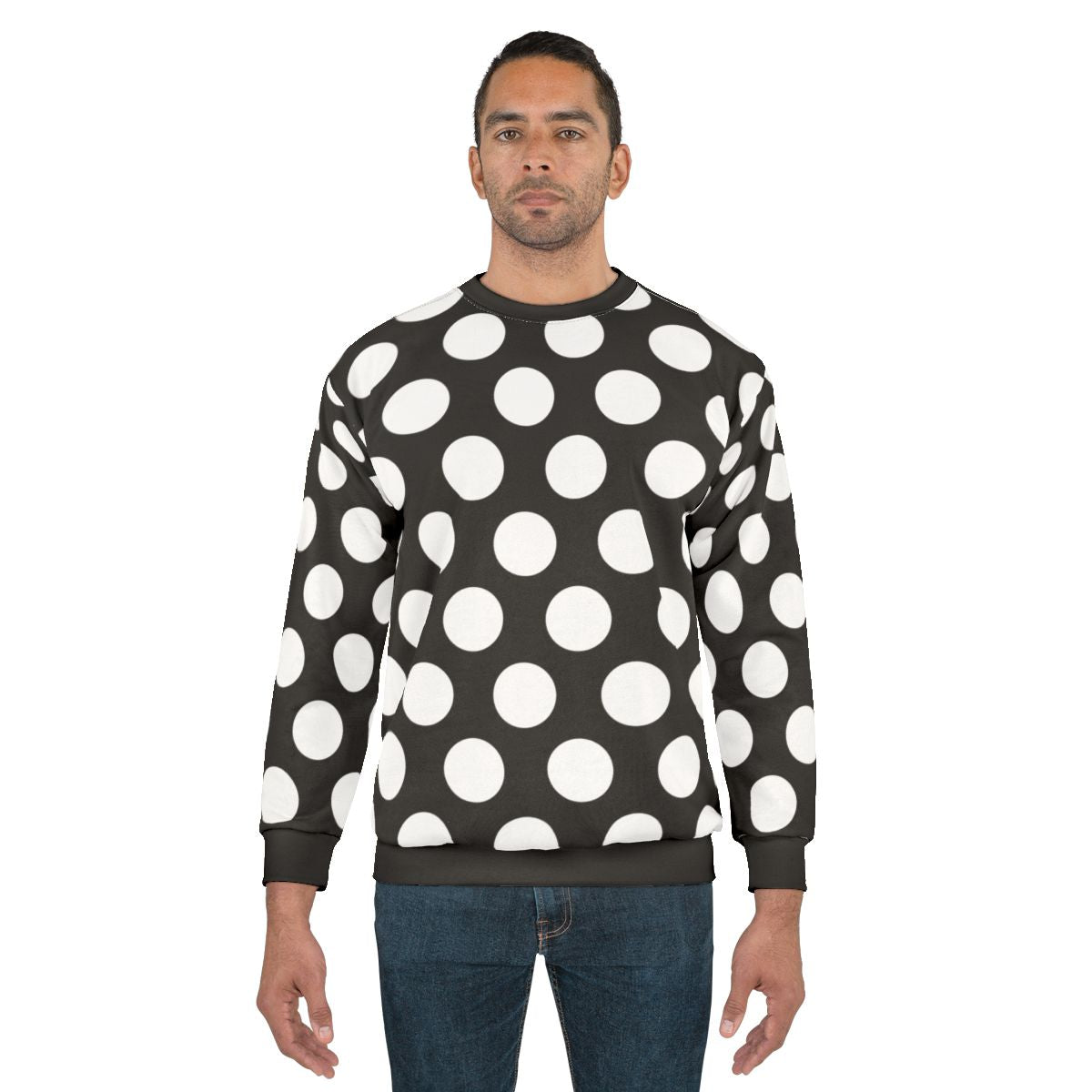 Large white polka dots on black oversized sweatshirt