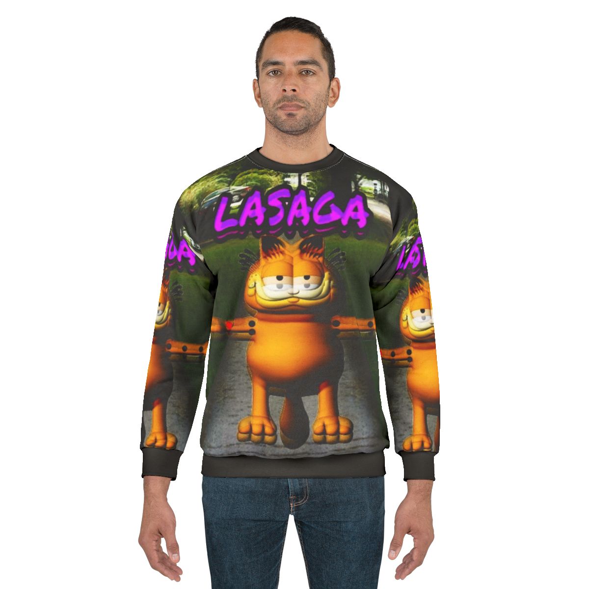 Lasagna Sweatshirt featuring Garfield, ironic memes, and shitpost design