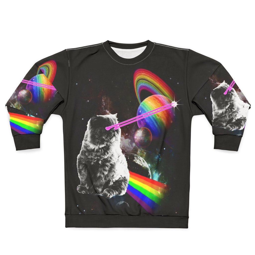 Cosmic cat in a space-themed intergalactic sweatshirt