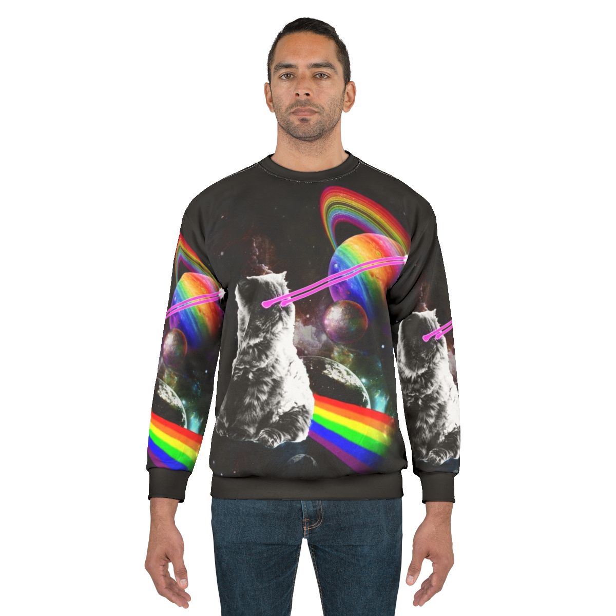 Cosmic cat in a space-themed intergalactic sweatshirt