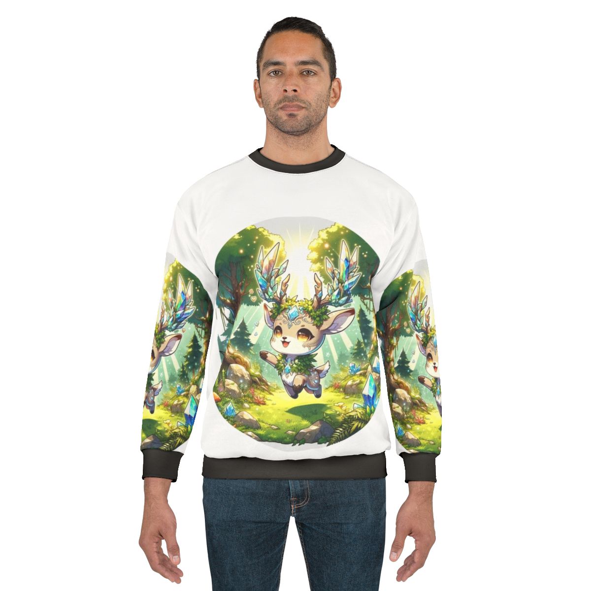 Deer sweatshirt with fantasy crystal forest design