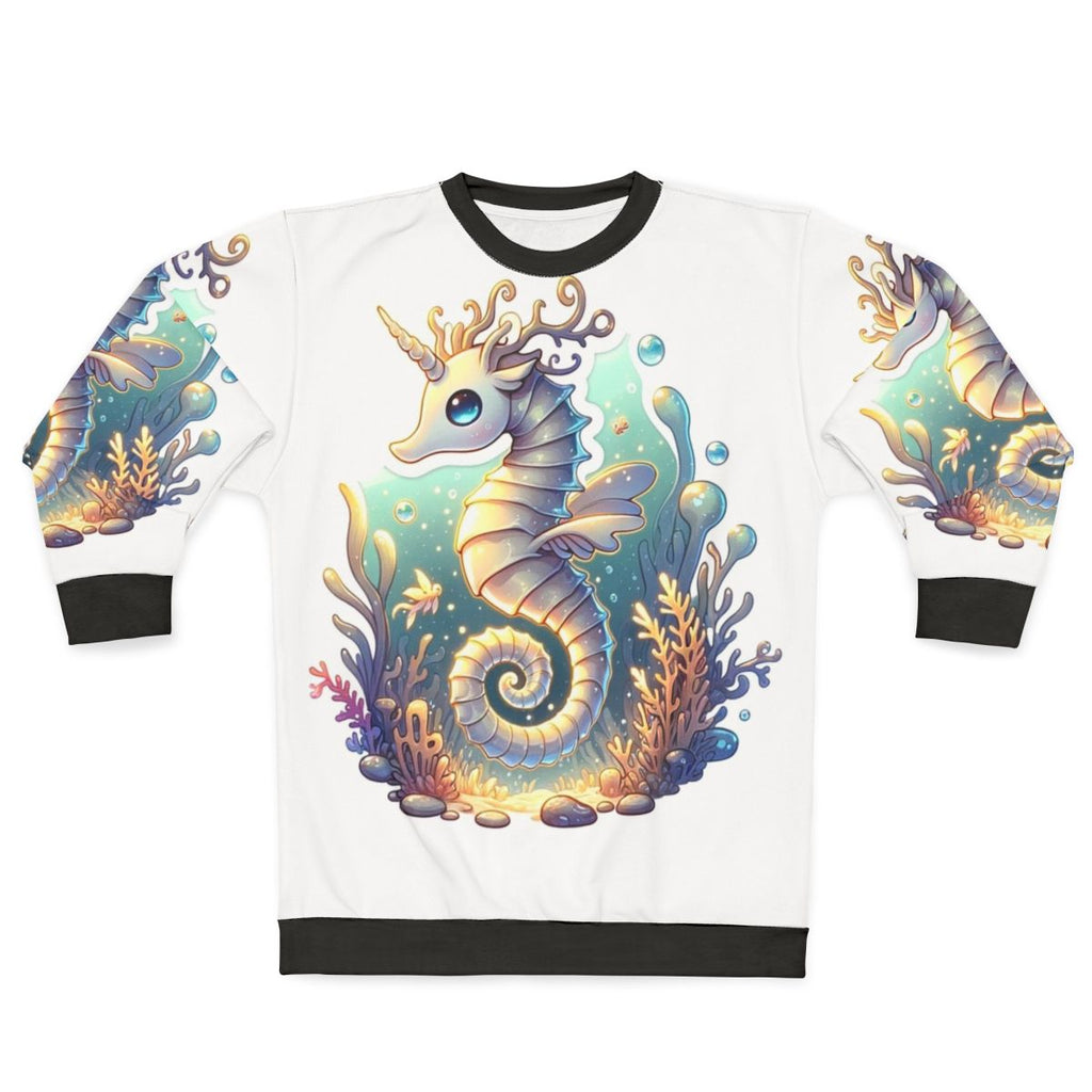 Legendary fantasy seahorse and deer graphic on a sweatshirt