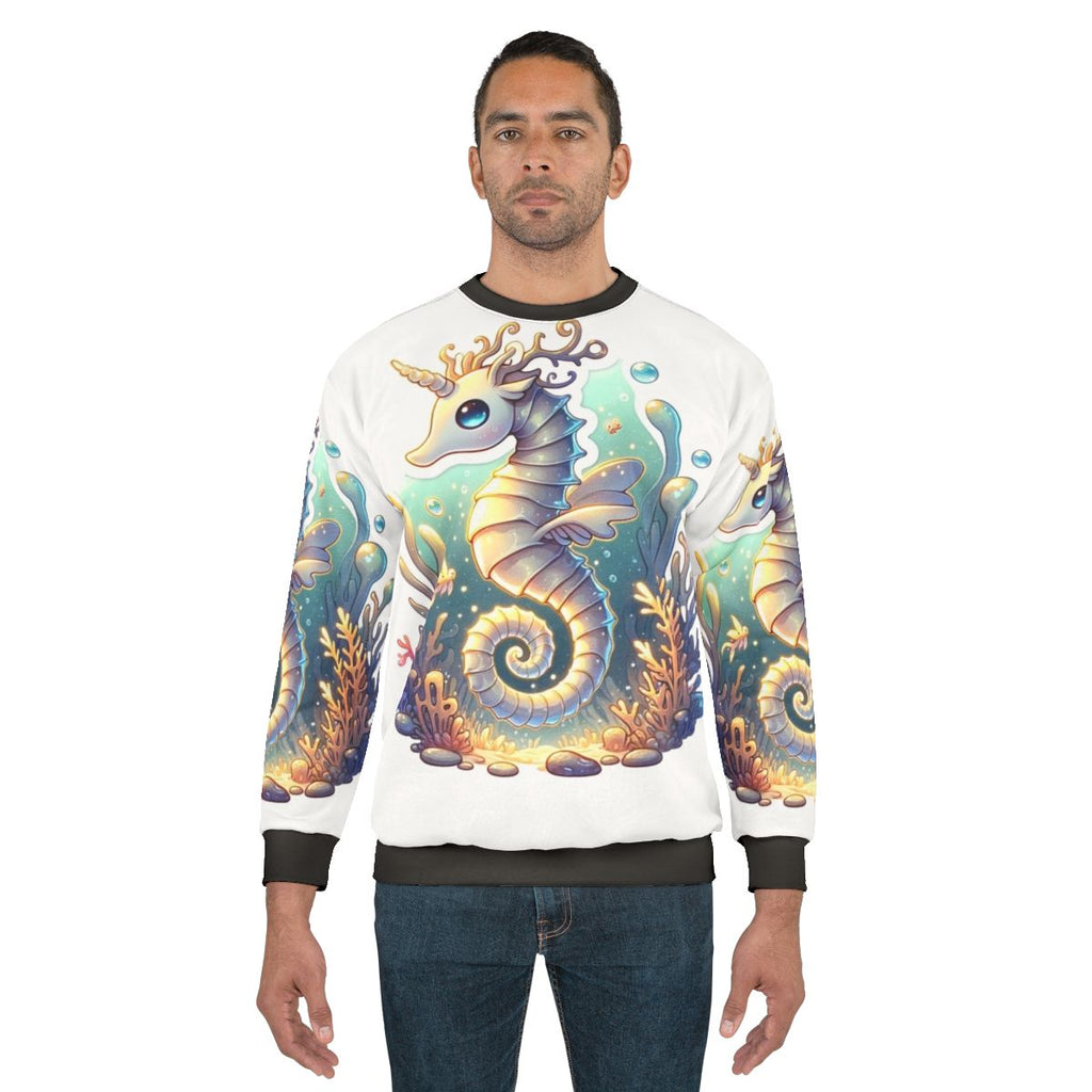 Legendary fantasy seahorse and deer graphic on a sweatshirt