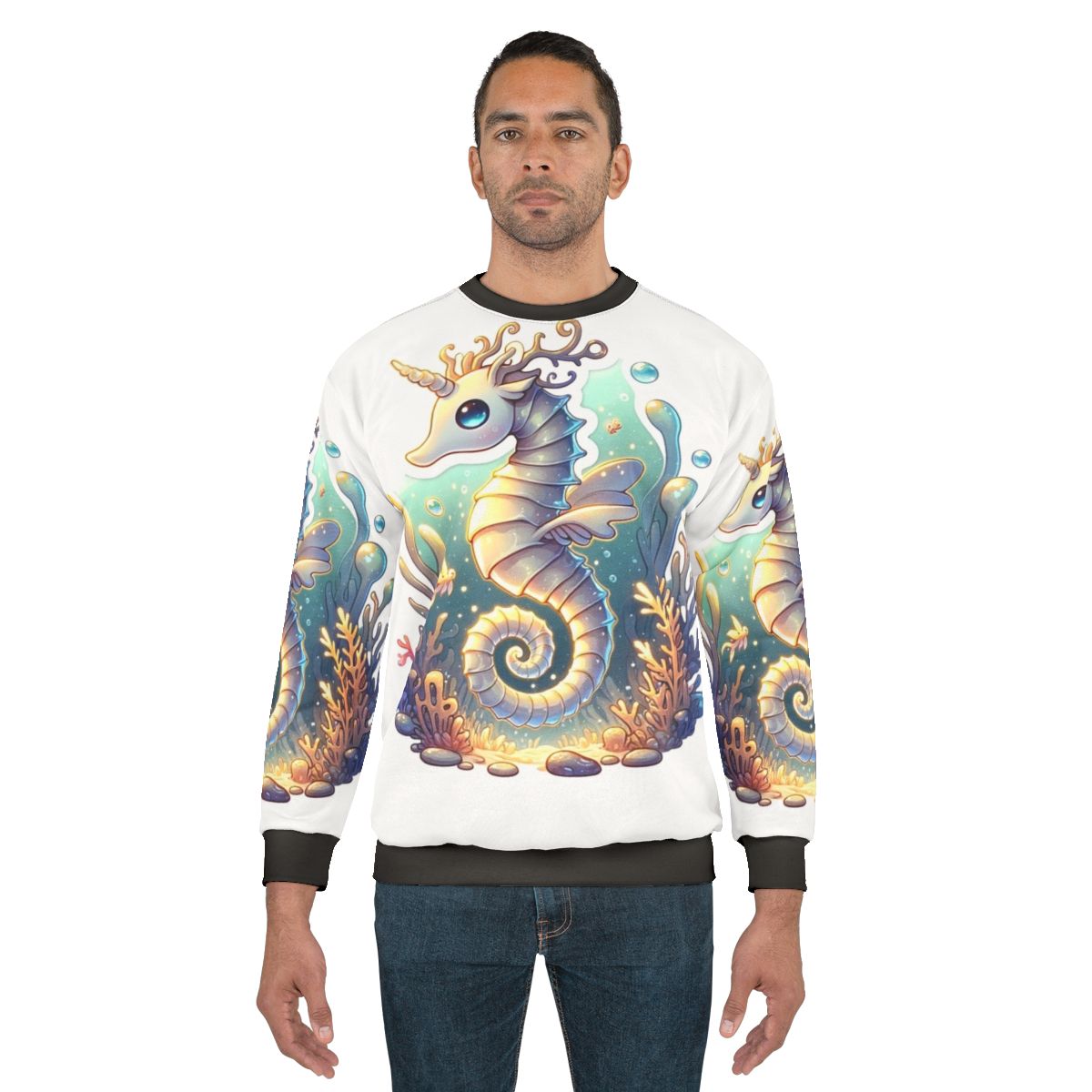 Legendary fantasy seahorse and deer graphic on a sweatshirt