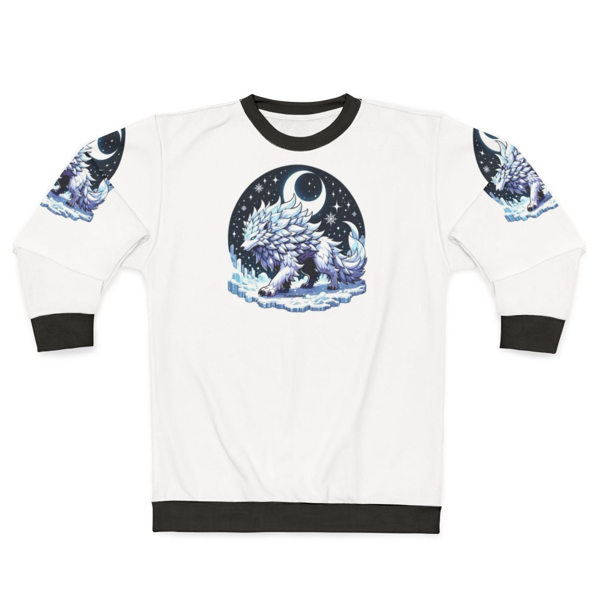 Silver frost giant wolf illustration on a sweatshirt