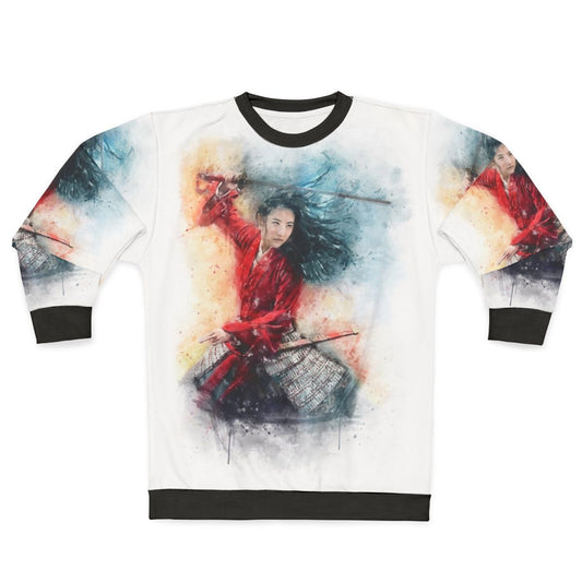 Vibrant watercolor illustration of the legendary warrior princess Mulan on a colorful sweatshirt