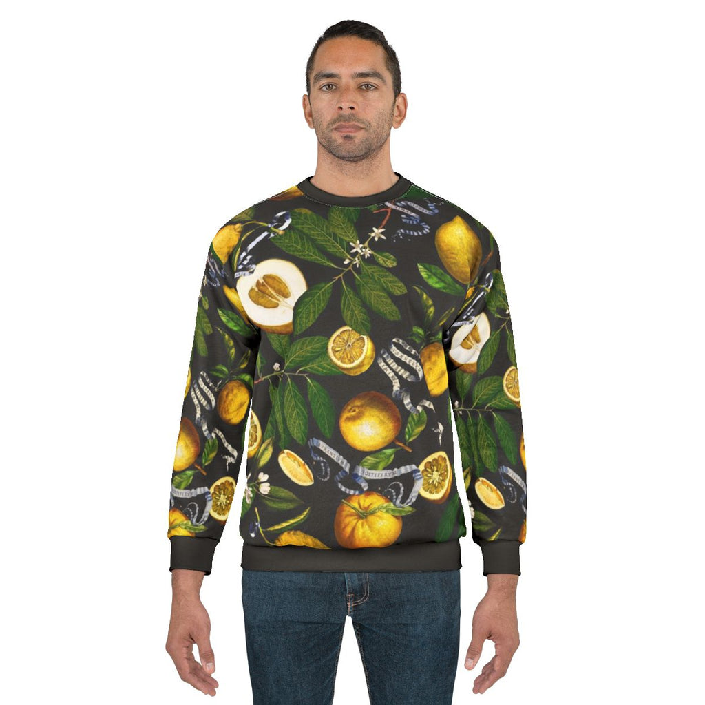 Lemon tree black sweatshirt with botanical leaves design
