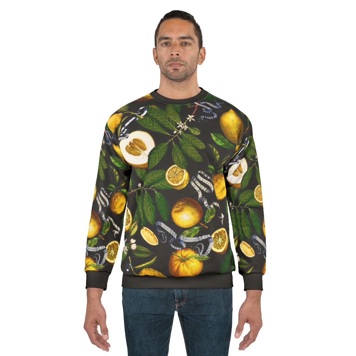 Lemon tree black sweatshirt with botanical leaves design