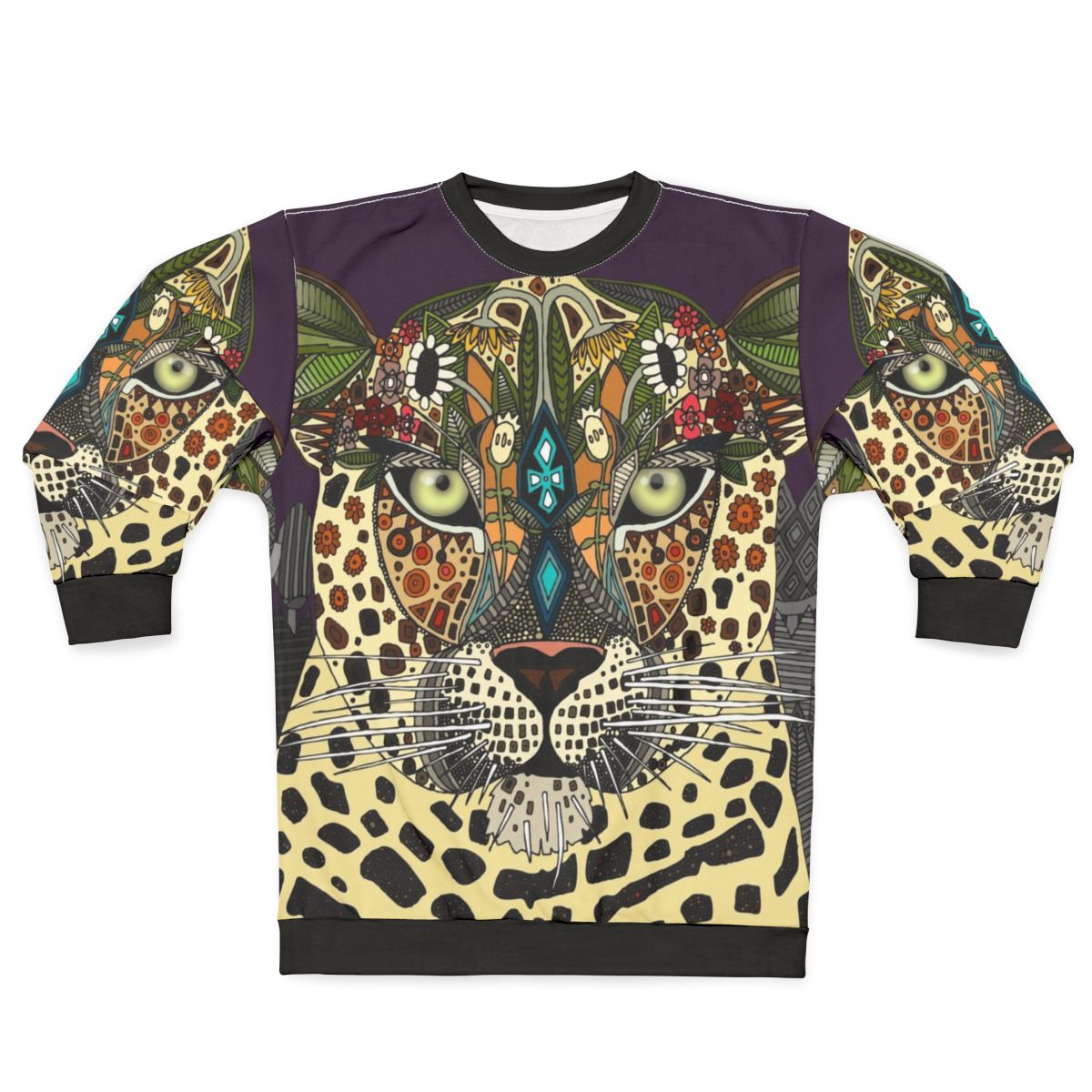 Leopard print sweatshirt with tribal and botanical design