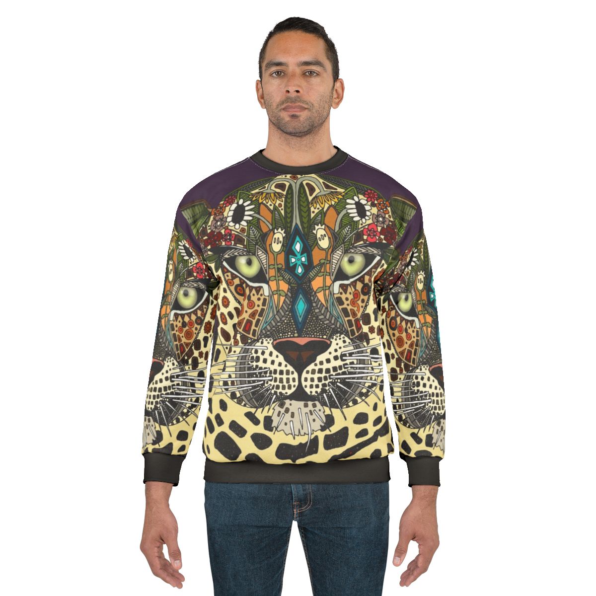 Leopard print sweatshirt with tribal and botanical design
