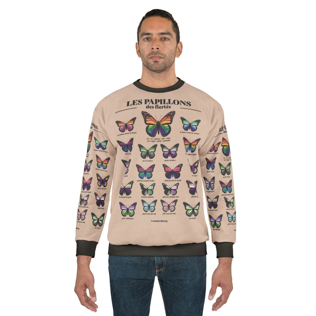 LGBTQ pride sweatshirt with colorful butterflies design