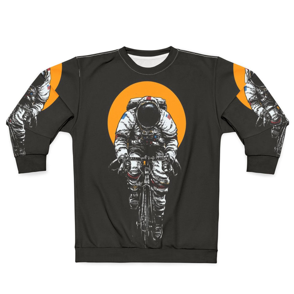 Astronaut cycling in space on a bicycle wearing a sweatshirt