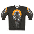 Astronaut cycling in space on a bicycle wearing a sweatshirt