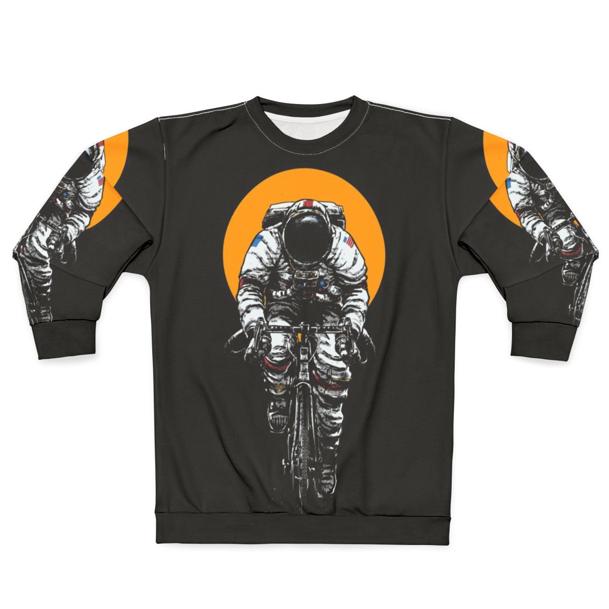 Astronaut cycling in space on a bicycle wearing a sweatshirt