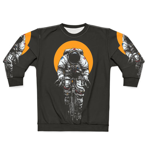 Astronaut cycling in space on a bicycle wearing a sweatshirt
